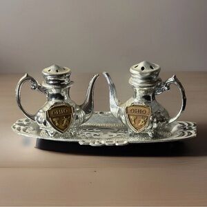 VTG Ohio Souvenir Salt & Pepper Shaker Set Teapot Coffee Pot Tray Metal